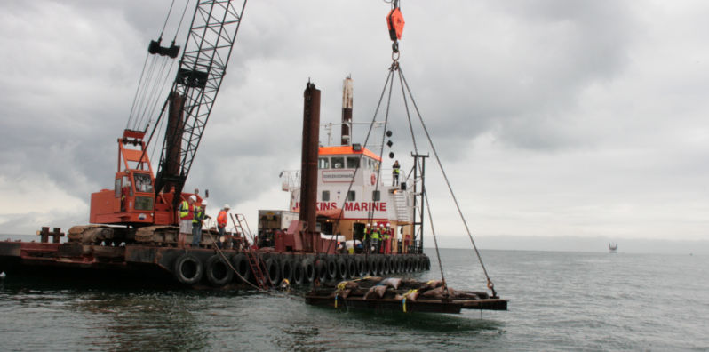 Ship crane lifting up timber frame from the sea